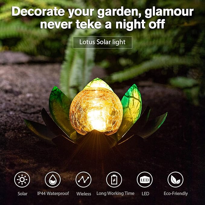 Huaxu Solar Light Outdoor Garden Decor Blue Metal Crackle Globe Glass Waterproof LED Lotus Flower