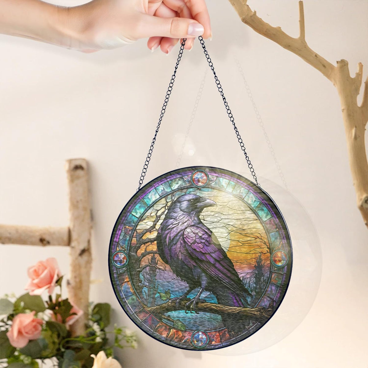 FLAGWIX Halloween Decorations Indoor Outdoor - The Crow Raven Stained Glass Window Hanging 8in