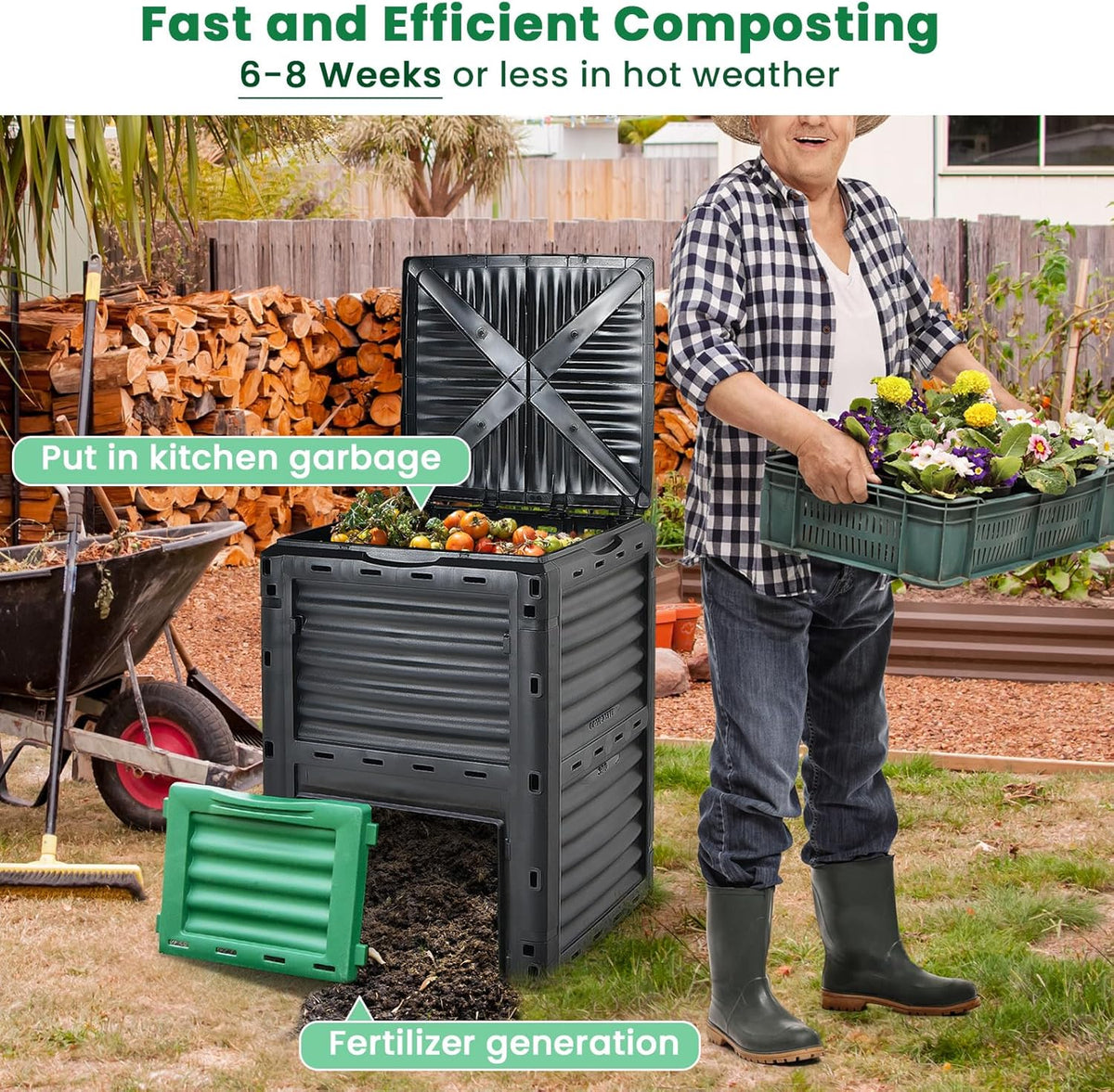 Compost Bin Outdoor, 80 Gallon Garden Compost Bin with Top Lid & Bottom Door, Aerating Outdoor