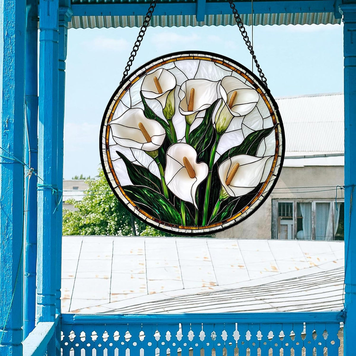Stained Glass Window Hanging, White Calla Lily Flowers Sun Catchers Glass Panel Plant Suncatcher