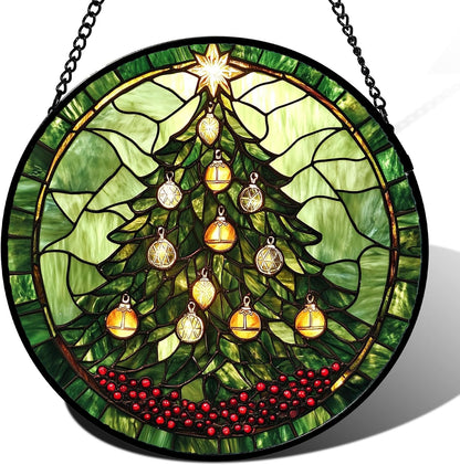 Stained Glass Window Hanging - Green Christmas Tree Golden Bells Suncatcher for Doors Home