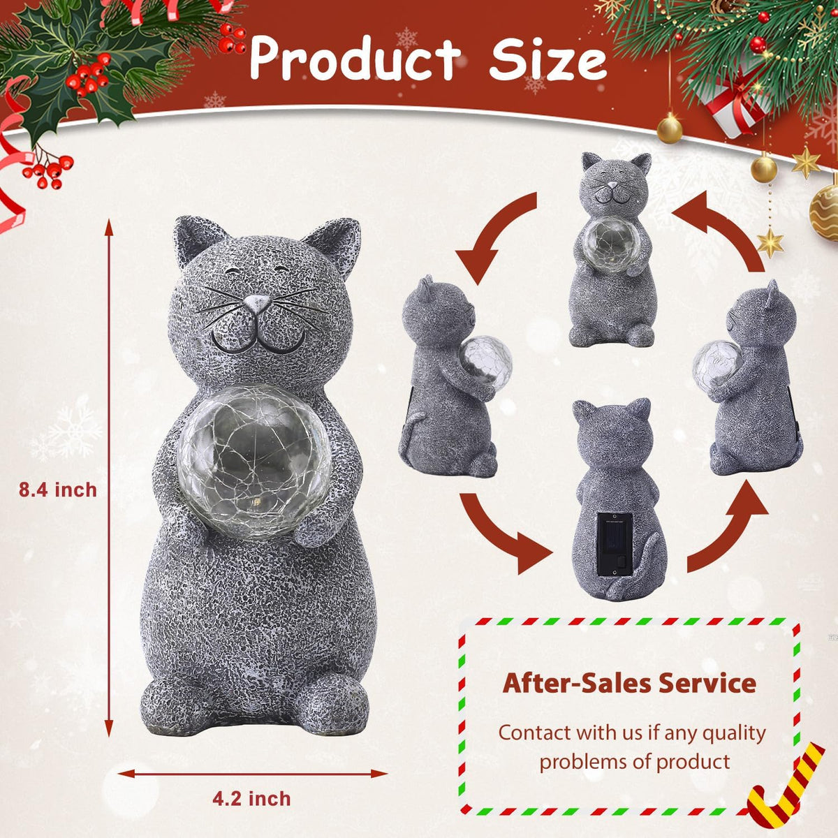 Solar Cat Statue Garden Decor - Cat Lover Gifts, with Gazing Solar LED Lights Ball Cats Decoration