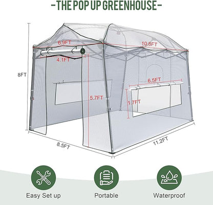 11 x 8.5 FT Walk-in Greenhouse, Portable Pop-up Green House 3 Adjustable Hights Heavy Duty Plant