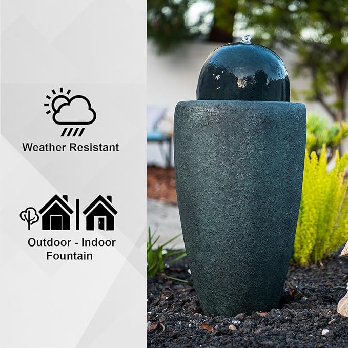 XBrand 25.98" H Round Stone Indoor/Outdoor Modern Stone Textured Sphere Water Fountain w/LED