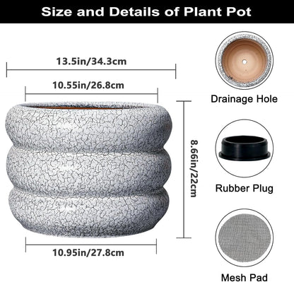 SQOWL Ceramic Plant Pots - 13.5 Inch Ceramic Planter with Drainage Hole, Large Round Planter for
