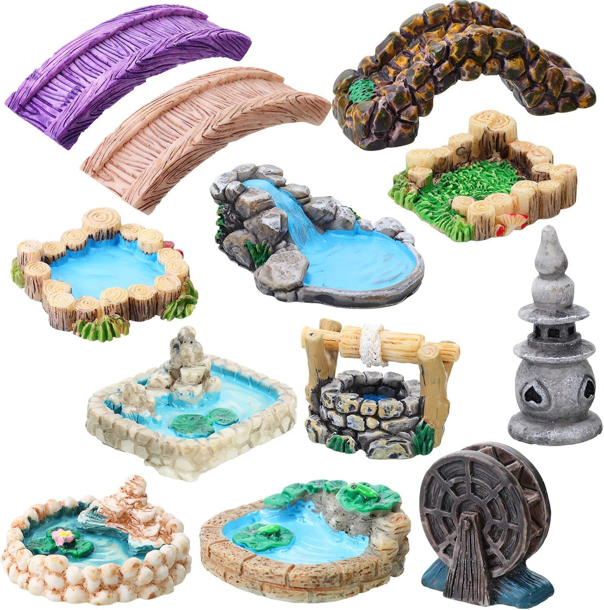 Jetec 12 Pcs Garden Accessories Miniature Bridge Mini Lighthouse Water Well Bridge Figurines Pond