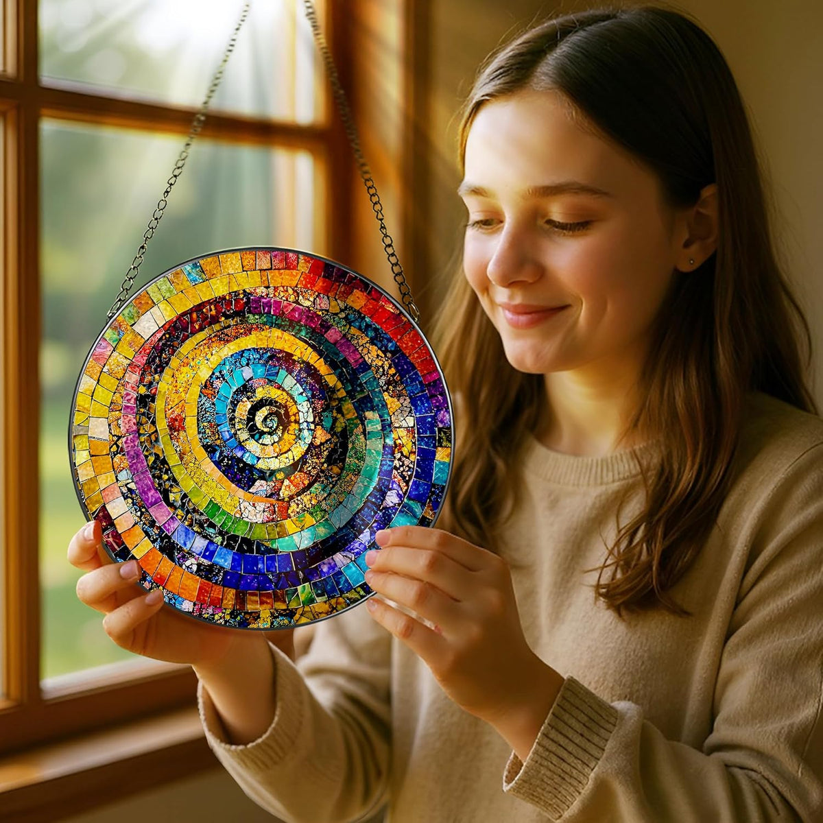 Stained Glass Window Hanging, Pauyadu 8 Inch Rainbow Spiral Stained Glass Suncatcher, Home Decor