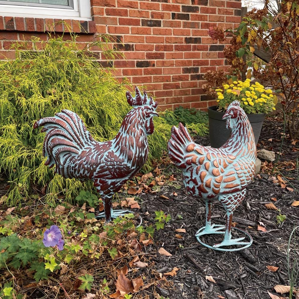 Metal Chicken Yard Decor, Farmhouse Metal Rooster Hen Yard Art, Outdoor Chicken Garden Statues