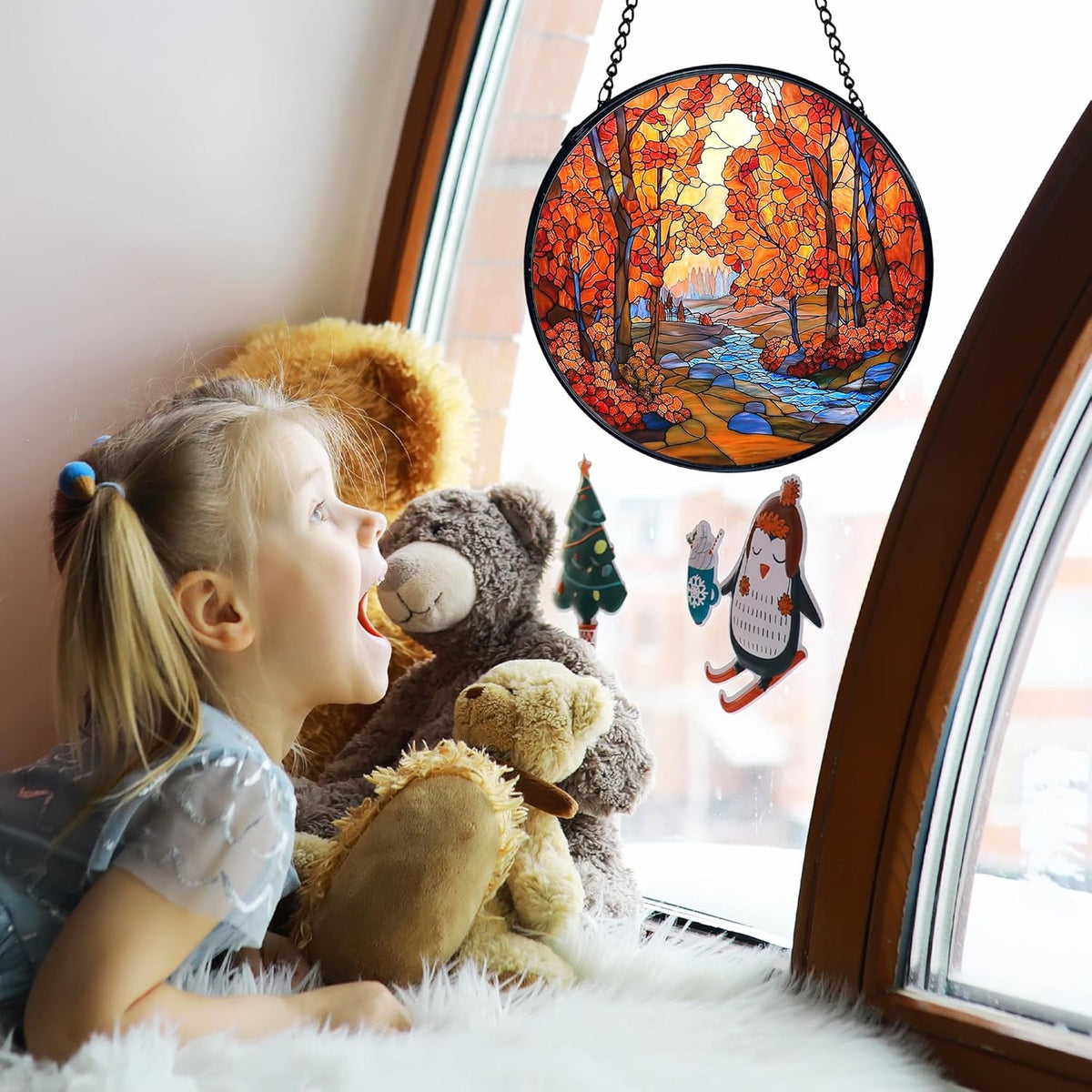 TNUW Fall Autumn Stained Glass Window Hanging, Rustic Autumn Forest Landscape Sun Catchers Indoor
