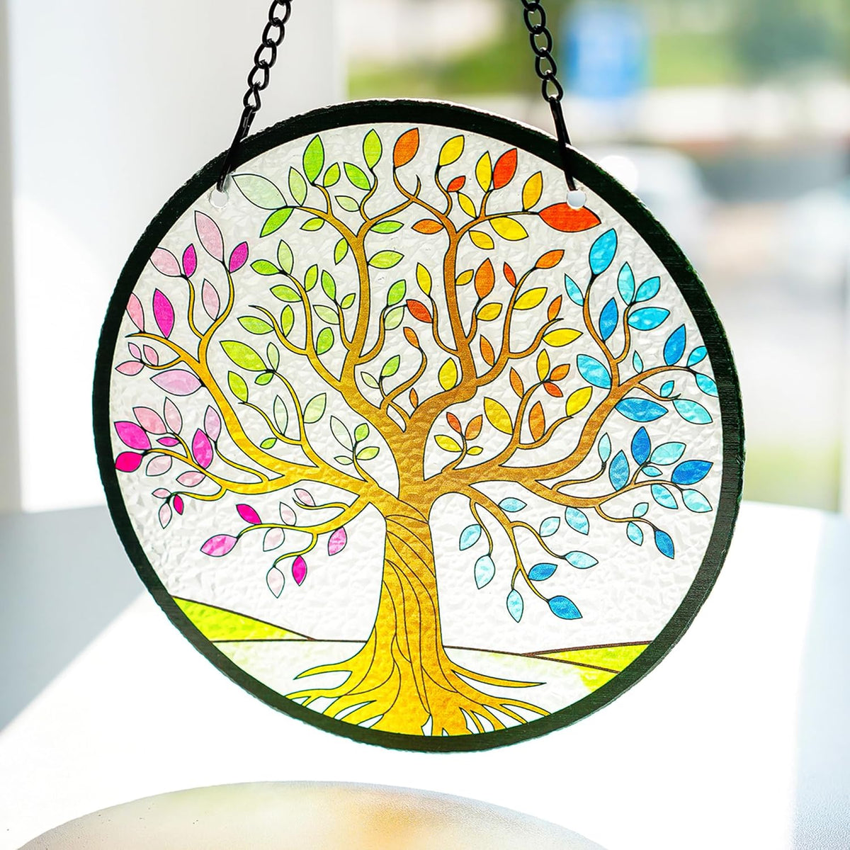 Kanpura Tree of Life Stained Glass Suncatcher Colorful Leaves Suncatchers for Window Hanging