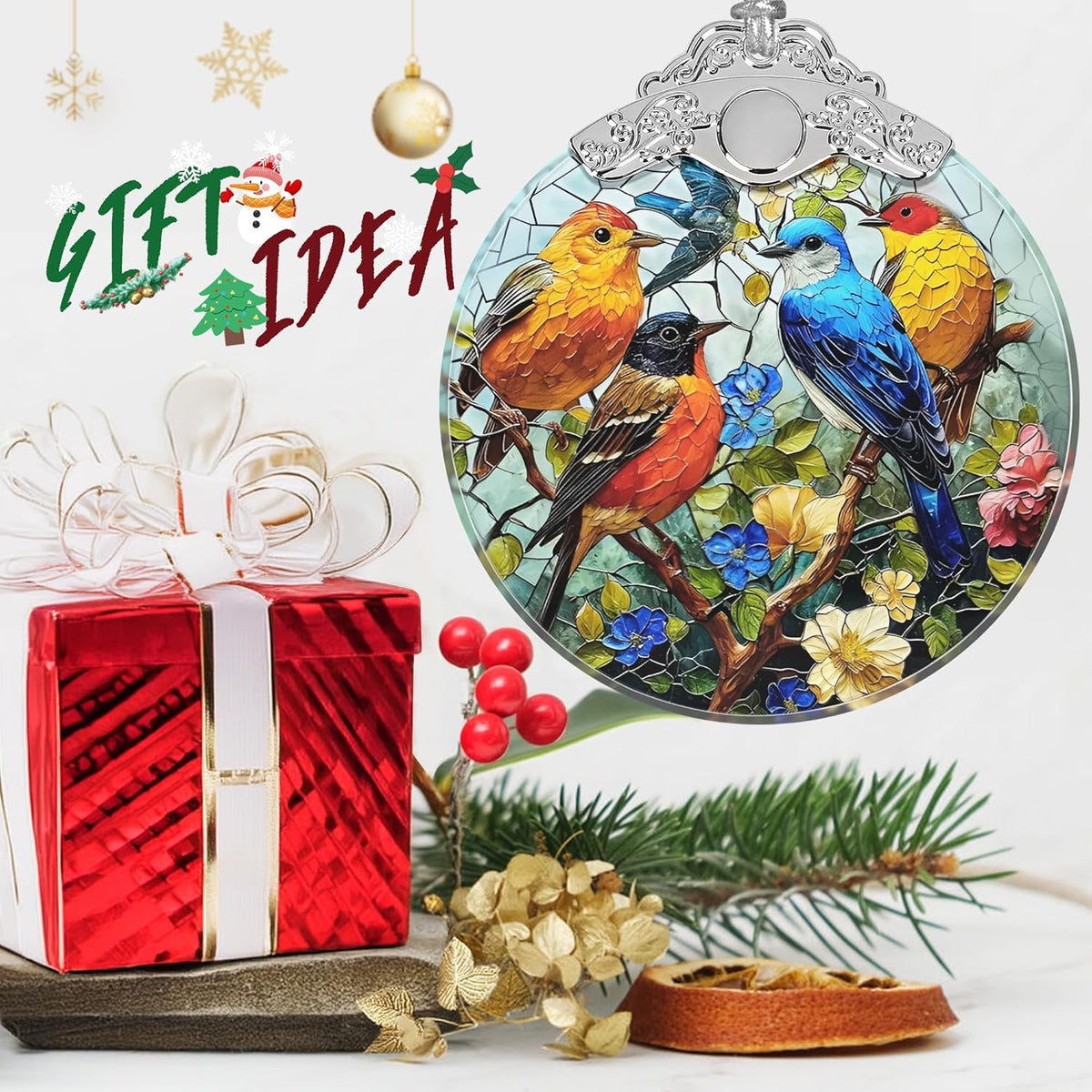 Birds on Branches Stained Glass Orament - Christmas Ornament - Christmas Decorations for Tree