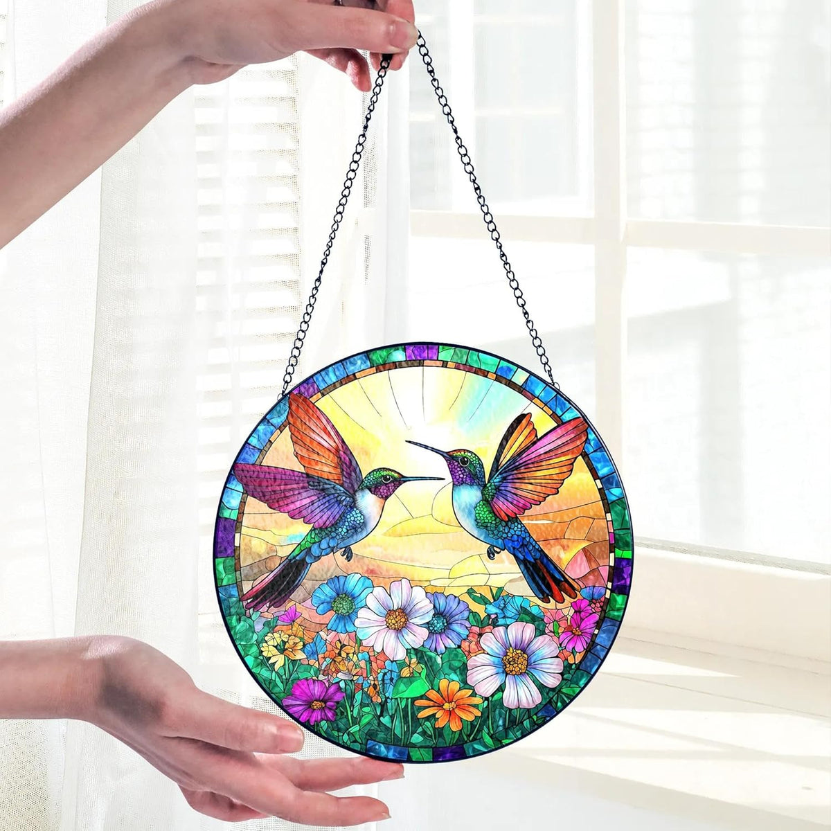 Hummingbird Suncatcher Stained Glass Window Hanging Decor, Hummingbird Gifts for Women, Birds