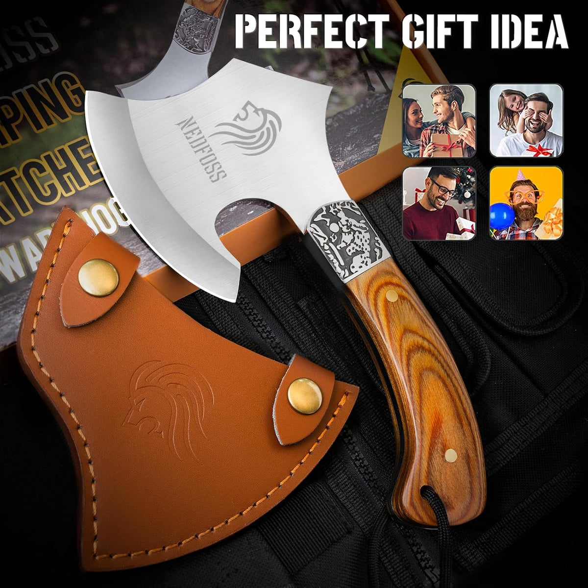 NedFoss Warthog Camping Axe, 9" Full Tang Small Axe with Leather Sheath, Survival Hatchet with Wood