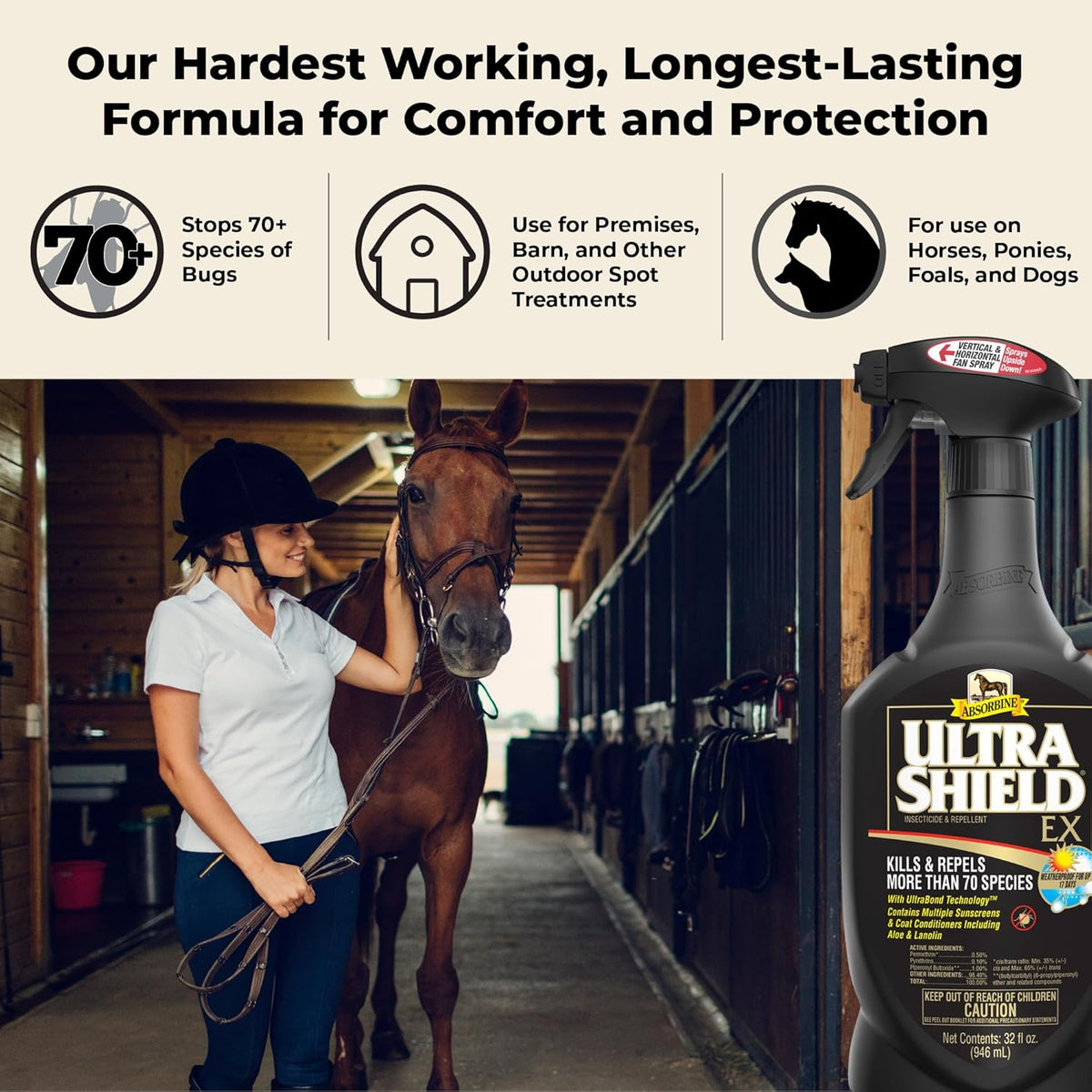 Absorbine UltraShield EX 32oz Sprayer Insecticide, Kills & Repels Flies, Mosquitoes, Ticks, Fleas