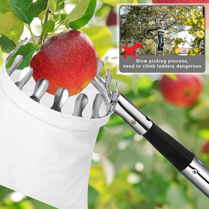 Fruit Picker Pole with Basket Telescoping, 11.5FT Adjustable Fruits Picker Tool with Lightweight