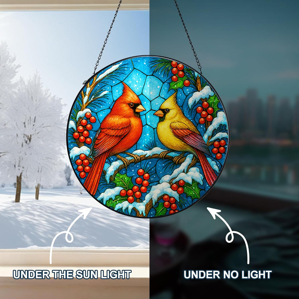 Stained Glass Window Hanging,Winter Red Cardinal Sun Catchers Stained Glass Panels for Indoor