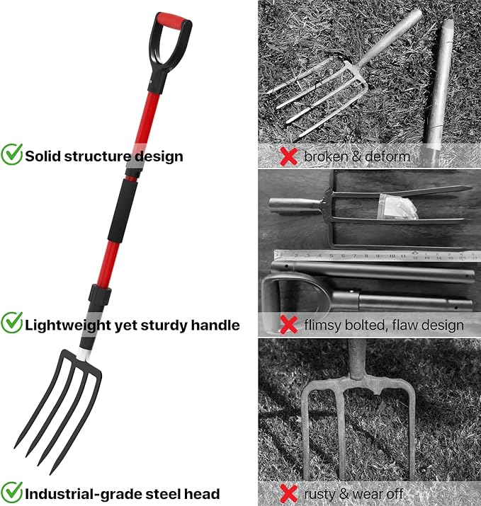 COSITA Pitch Fork for Garden, 44-Inches Pitchfork with Fiberglass Handle, Gardening Spading Fork
