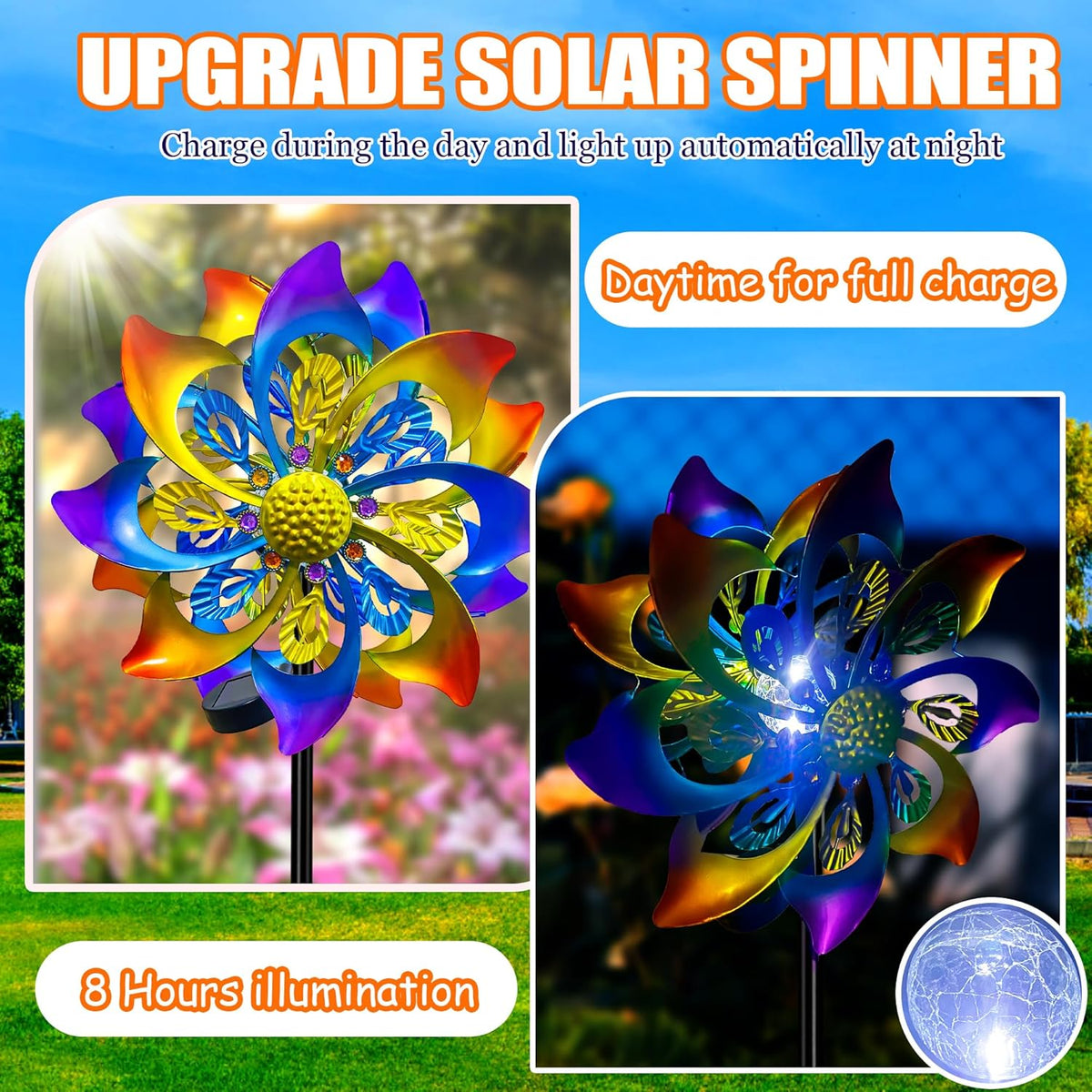 60 Inch Solar Wind Spinner Outdoor - Double-Sided Rotating Colorful Kinetic Wind Spinners for
