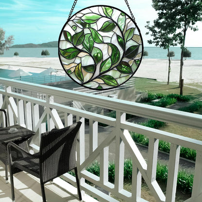 Stained Glass Window Hanging - White Green Leaves Suncatcher for Doors Window Home Plant Sun