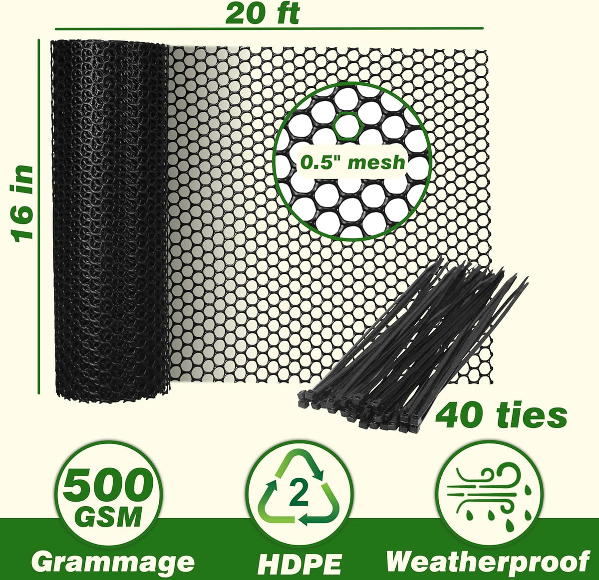 Gardzen Plastic Chicken Wire Mesh with 40 pcs Ties, 16in x 20ft Durable Chicken Fence for Poultry