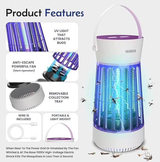 Fly Trap Indoor Bug Zapper, UV LED Mosquito Repellent Outdoor Patio, Portable Electric Zapper with