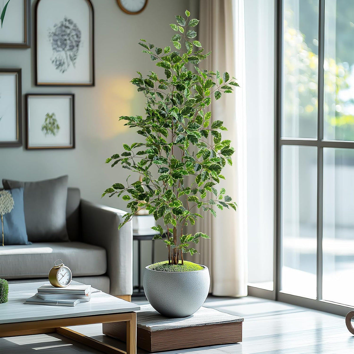 Artificial Ficus Tree Indoor 5ft, Large Potted Faux Tree with Realistic Silk Leaves & Trunk for