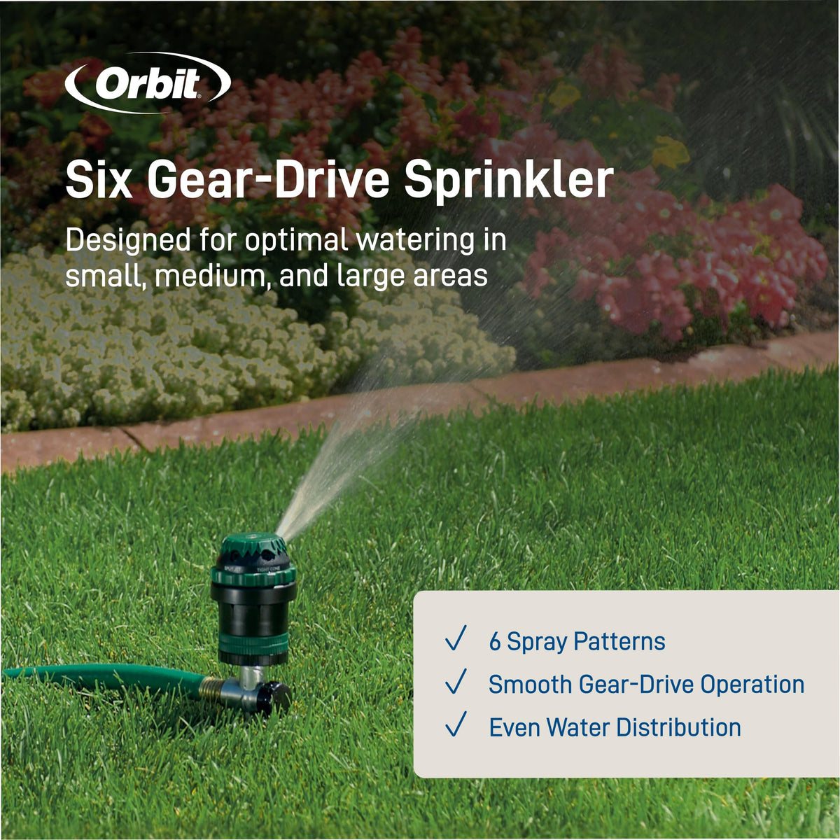Orbit H2O-Six Gear-Drive Sprinkler on Metal T-Spike - Customizable Lawn Watering Coverage