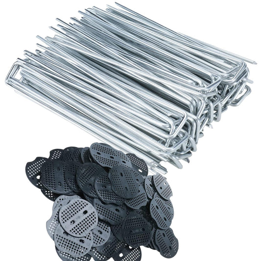 Finderomend 100 Pack Landscape Staples and 100 Pack Gaskets,8" Long 9 Gauge Galvanized Steel Garden