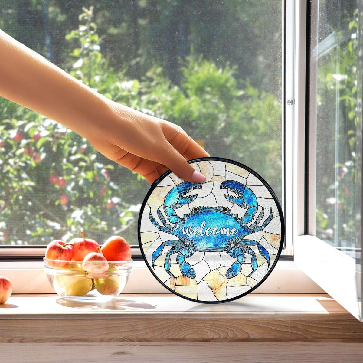 kdqua Coastal Beach Crab Welcome Suncatcher Stained Glass Window Hanging, Ocean Marine Crab Sun