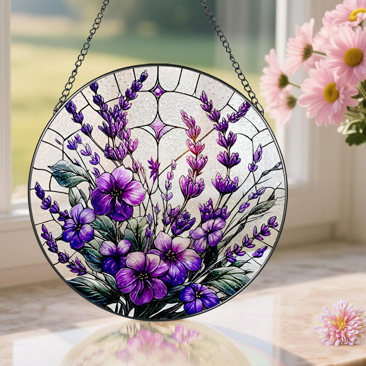 Bauhinia&Violets Flower Stained Glass Suncatcher, Stained Glass Window Hanging, 8 Inch Window