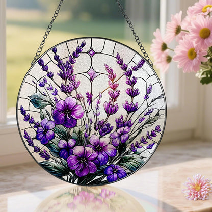 Bauhinia&Violets Flower Stained Glass Suncatcher, Stained Glass Window Hanging, 8 Inch Window