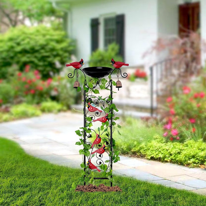Cardinal Bird Bath Garden Trellis for Climbing Plants Outdoor Wind Chime Decor Red Birds Feeder