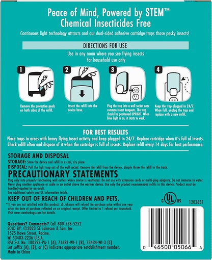 STEM Light Trap: Indoor Fruit Fly Trap, Effective Insect Control for Home, Attracts and Traps Flying Insects, Emits Soft Blue Light, Starter Kit with 1 Plug-in Device and 3 Cartridges