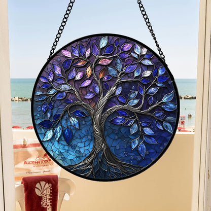 Stained Glass Window Hanging, Blue Purple Tree of Life Sun Catchers Colorful Glass Panel Plants