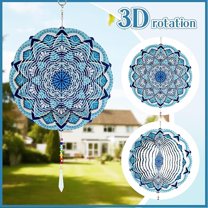 Wind Spinners Outdoor with Crystal Tail, Marzovitra Stainless Steel 3D Kinetic 10 Inch Garden Decor