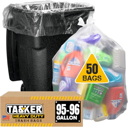 Tasker 95-96 Gallon Trash Bags, (Value Pack 50 Bags w/Ties) Extra Large Heavy Duty Clear Plastic