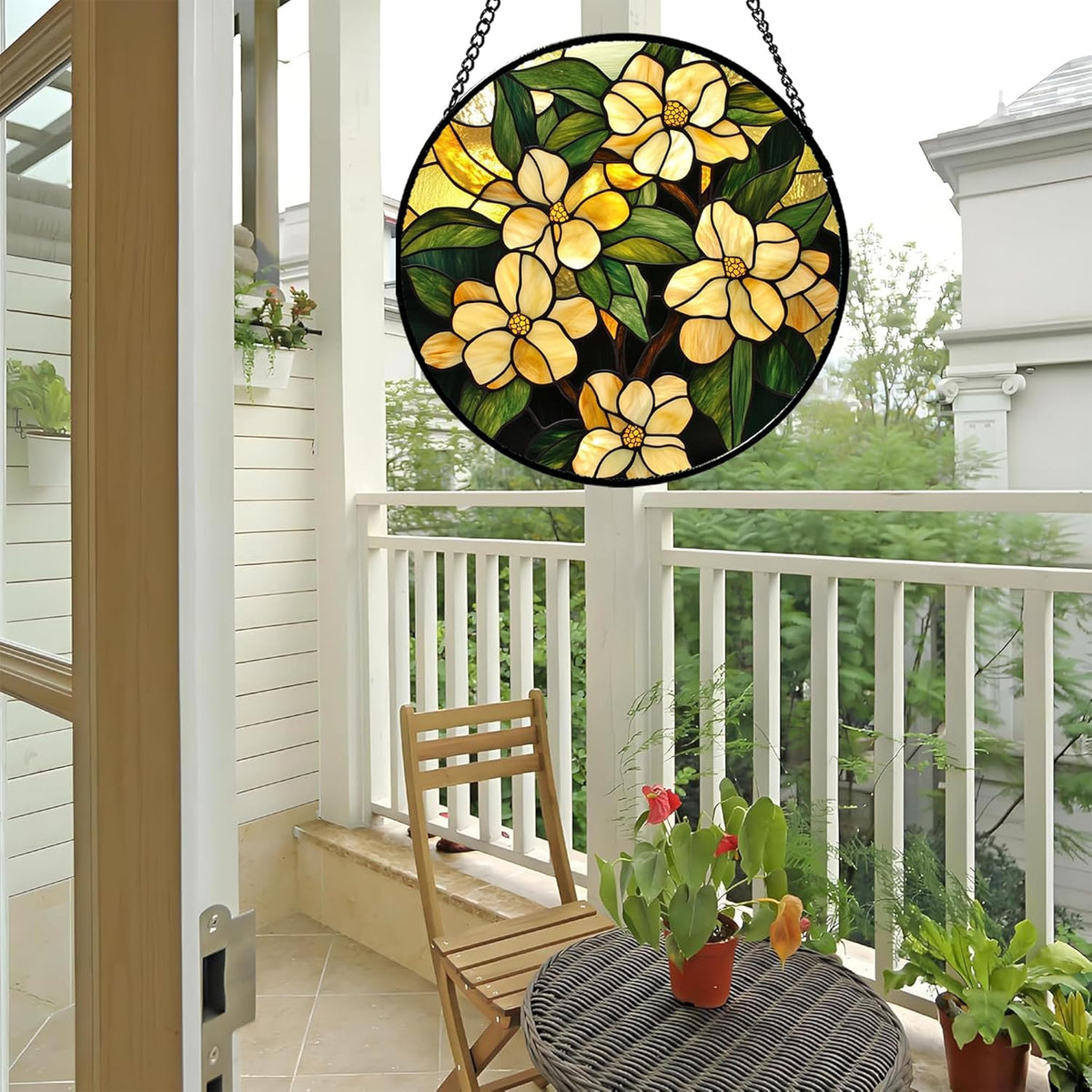 Stained Glass Window Hanging - Yellow Flower Green Leaf Suncatcher for Doors Garden Patio Fall