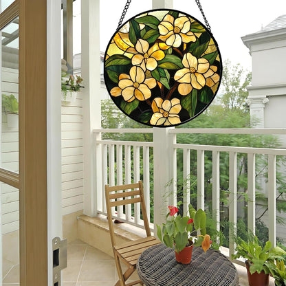 Stained Glass Window Hanging - Yellow Flower Green Leaf Suncatcher for Doors Garden Patio Fall