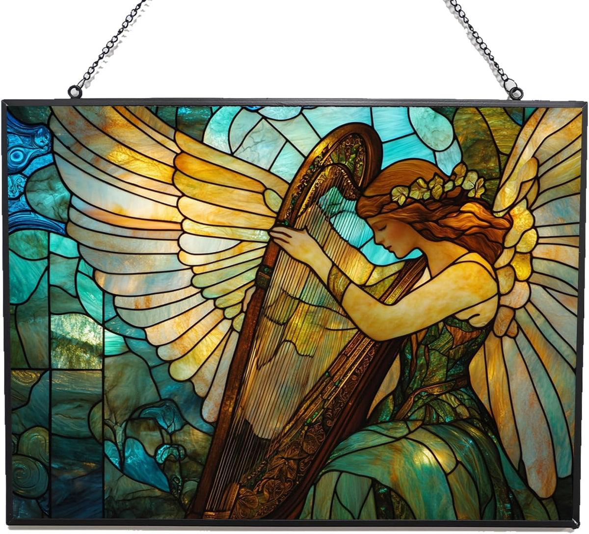 Customized Rectangle Art Nouveau Harp Angel Stained Glass Suncatcher Window Hangings, Stained Glass