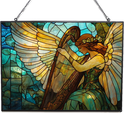 Customized Rectangle Art Nouveau Harp Angel Stained Glass Suncatcher Window Hangings, Stained Glass