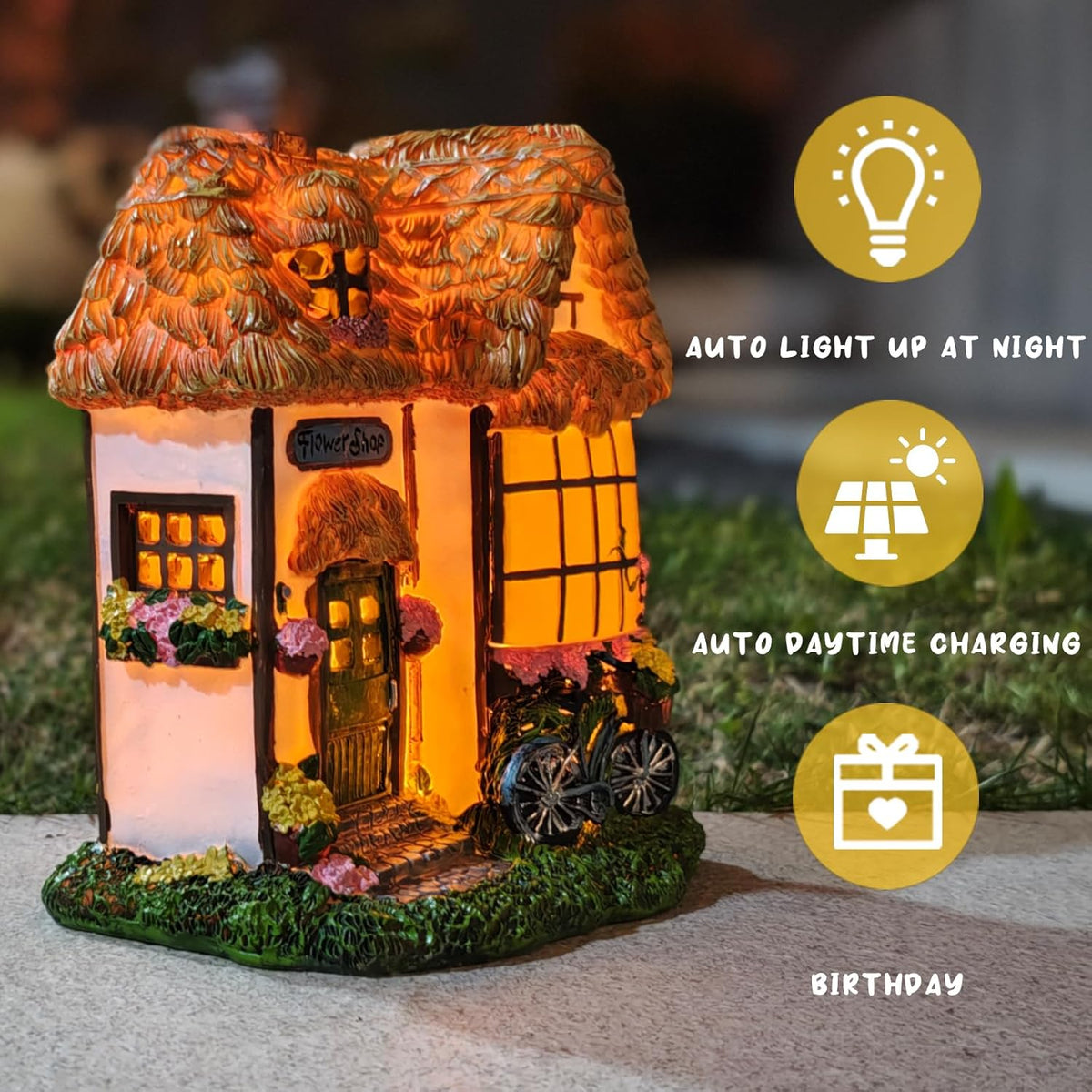 Prospect Thatched Cottage, Solar Statue Lights Mushroom Fairy House, Garden House Statues, Outdoor
