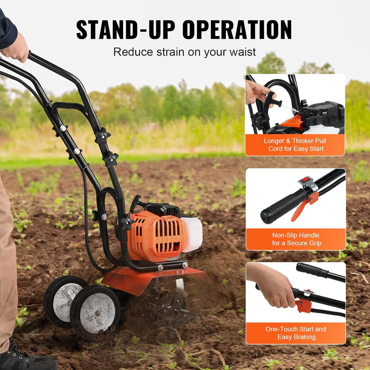 VEVOR Tiller Cultivator Gas Powered, 43CC 2-Stroke Garden Cultivator, Tiller with 4 Steel