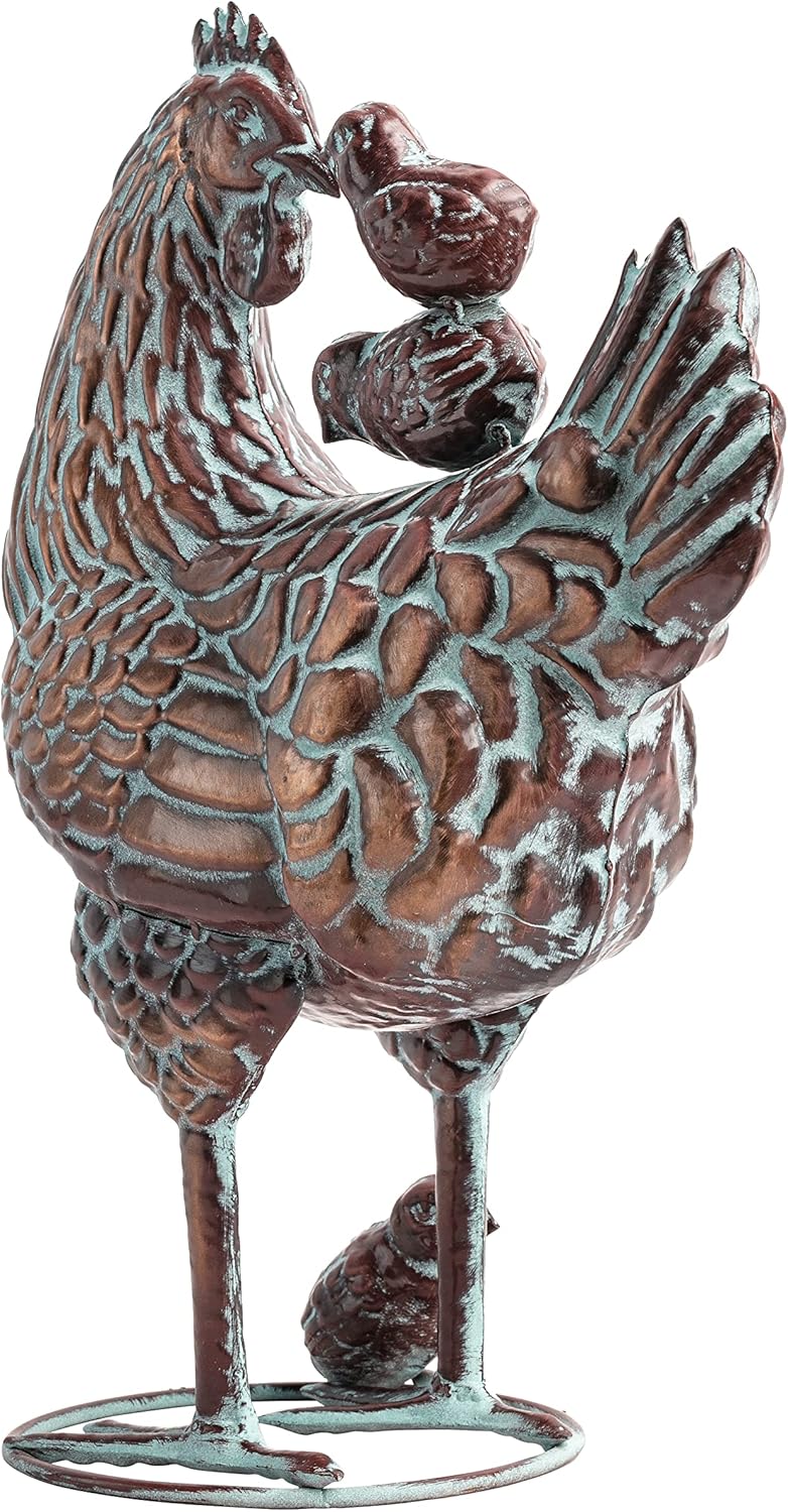 Metal Hen with Chicks Statues Yard Art, 13.5"x18" Metal Hen Chicken Figurine Decor, Vintage Outdoor