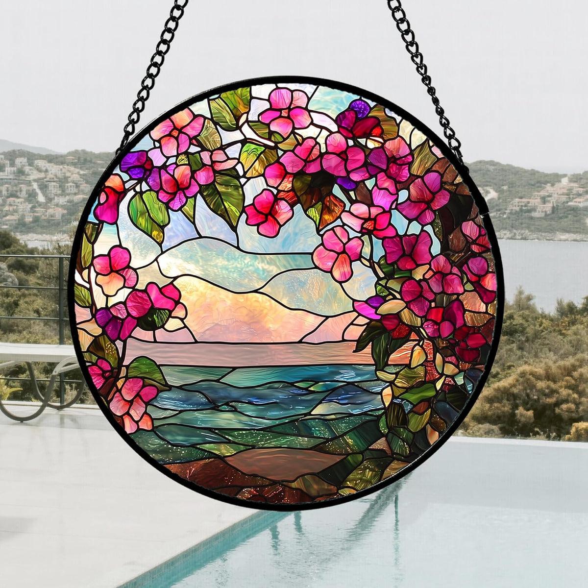 Stained Glass Window Hanging, Purple Flower Landscape Wreath Sun Catcher for Door Home Decor Plants