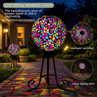 VOREEN 10" Mosaic Glass Gazing Ball with Solar Light, Outdoor Solar Gazing Globe, Handmade IP44