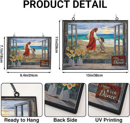 Rectangle I Hope You Dance Christian Stained Glass Sun Catcher, Wall Hanging Colored Decor Room