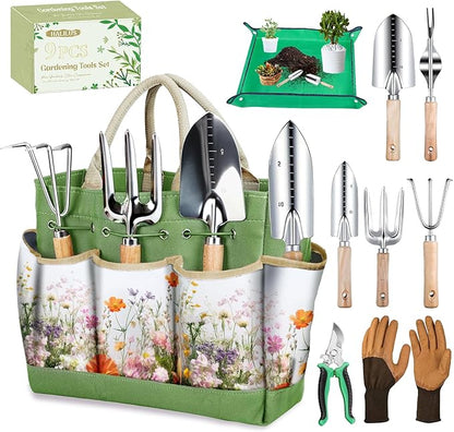 Garden Tools 9-Piece Heavy Duty Gardening Hand Tools with Floral Organizer Tote Bag, Rust-Proof