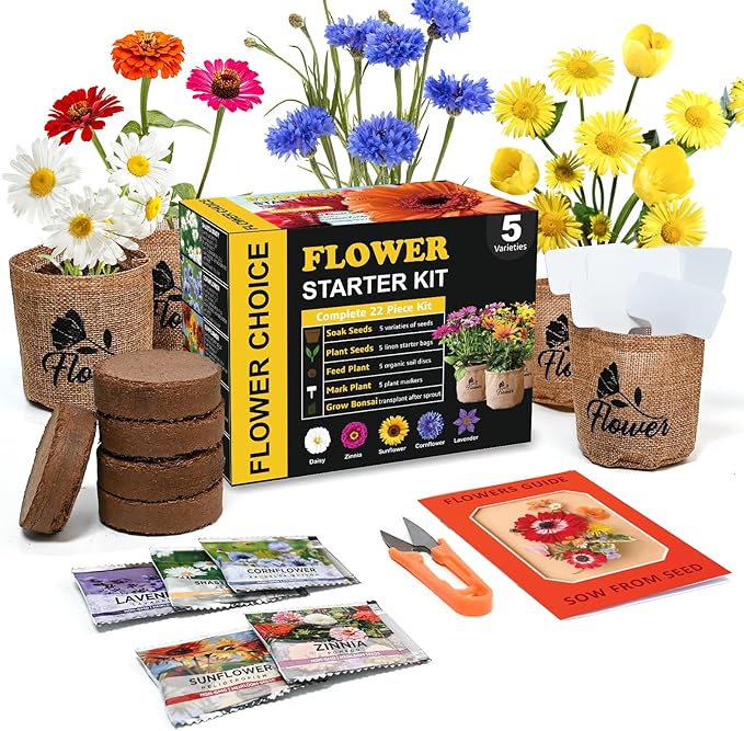 Indoor Daisy Garden Starter Kit with Gardening Tools - Jute Bags, Markers, Soil Disks and Shears