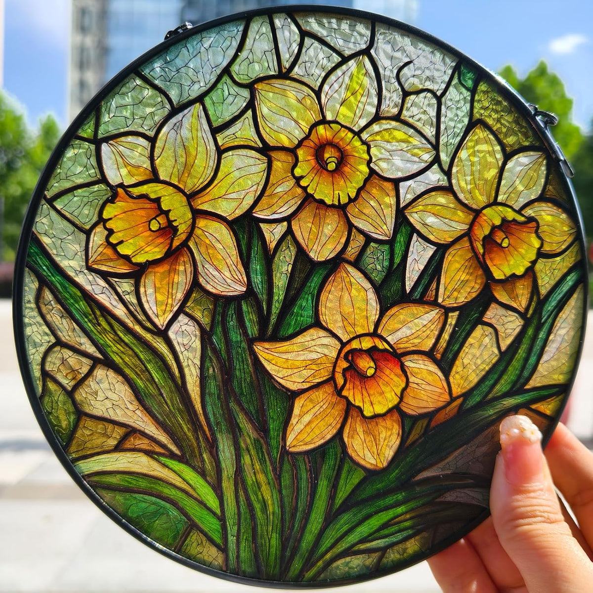 Stained Glass Window Hanging, Daffodil Flower Diamond Glass Panel Suncatcher Plant Sun Catchers for