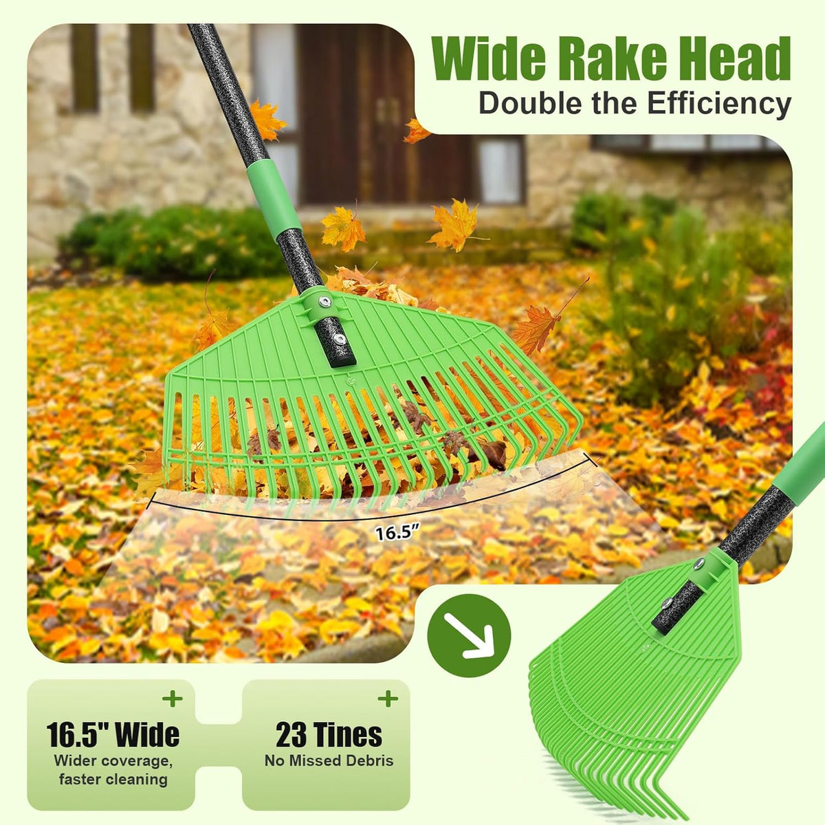 Plastic Leaf Rake with Adjustable 65'' Handle - Lightweight Outdoor Yard Rakes for Leaves,Grass &